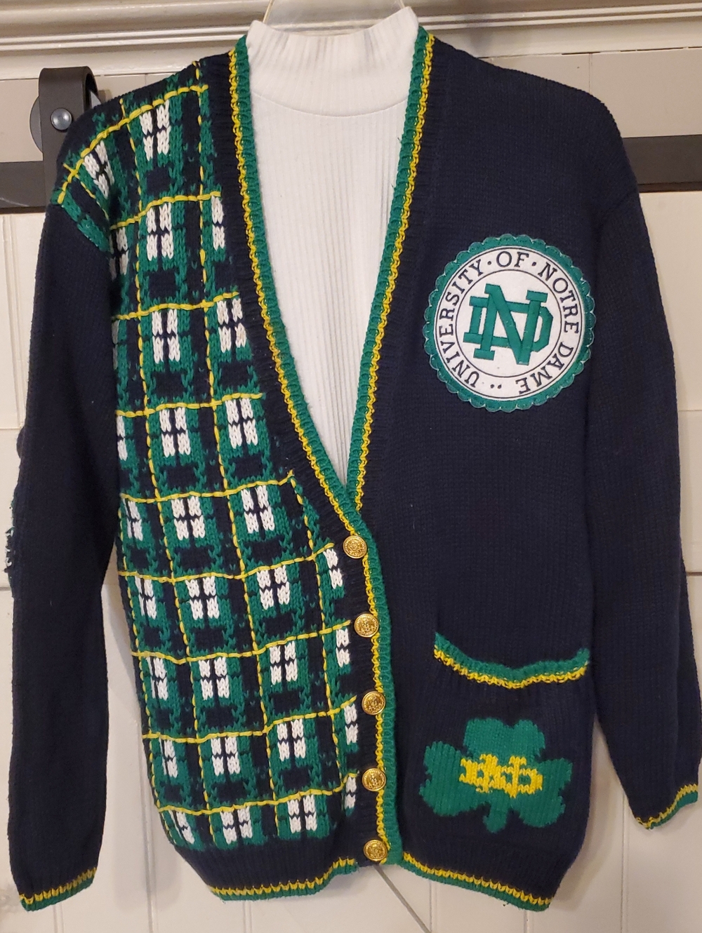 Vintage University of Notre Dame Navy & Green Cardigan Sweater